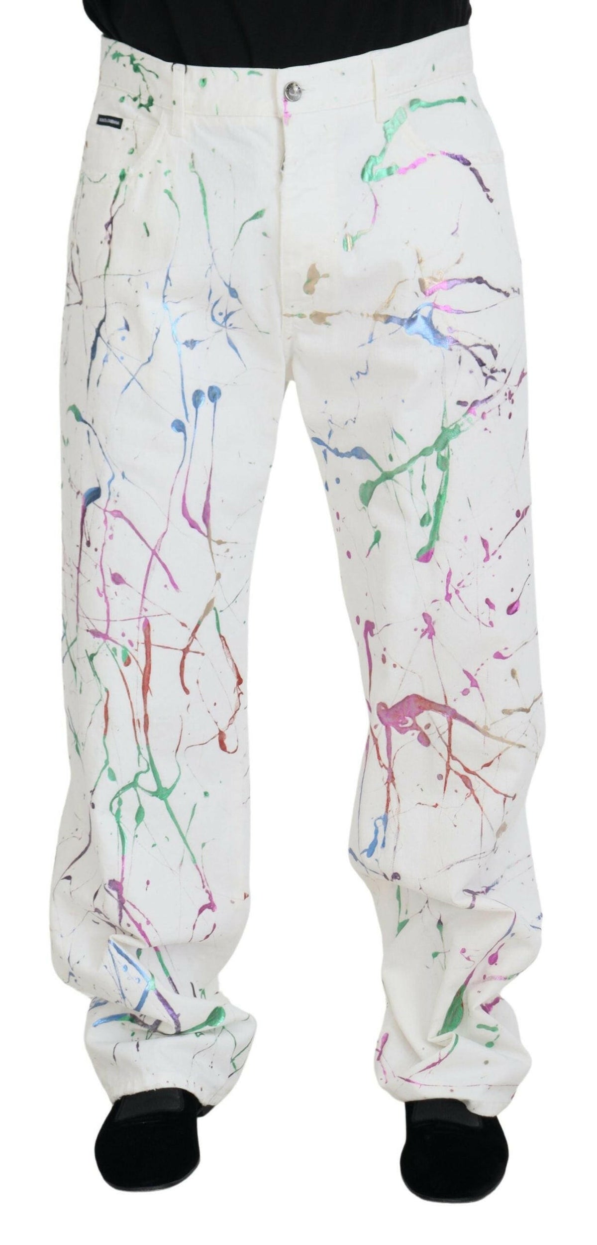 Dolce & Gabbana White Cotton Color Splash Print Denim Pants -   -  Dolce & Gabbana.