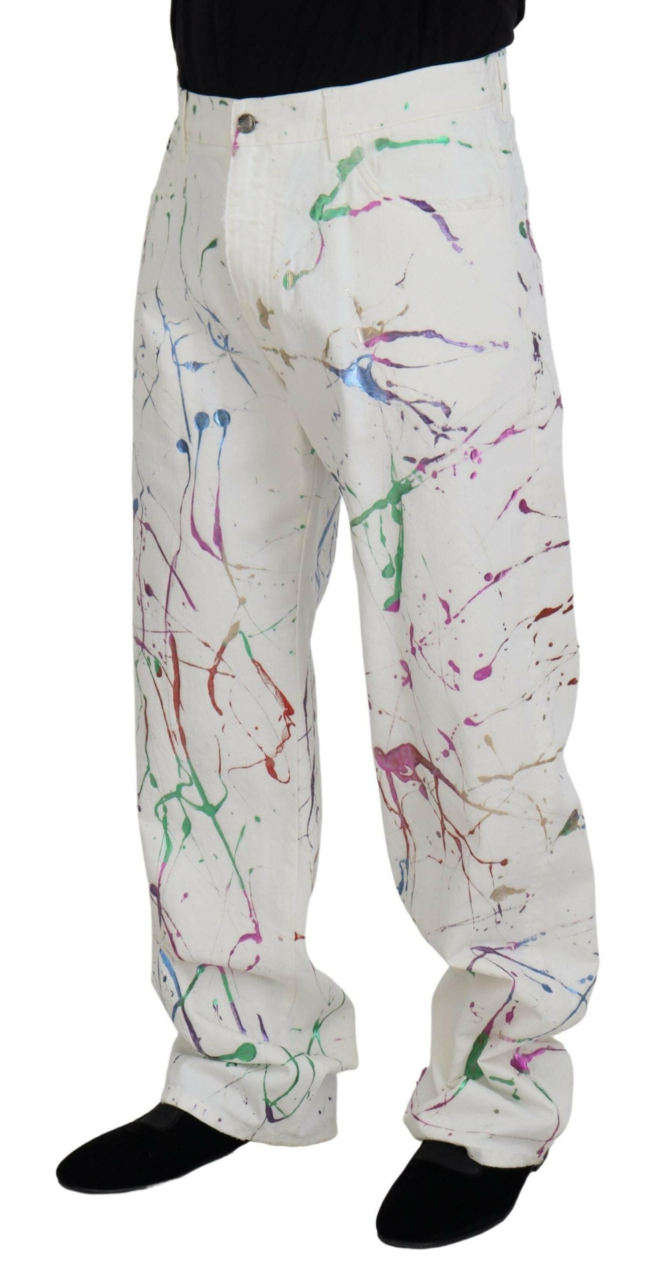 Dolce & Gabbana White Cotton Color Splash Print Denim Pants -   -  Dolce & Gabbana. Dolce & Gabbana White Cotton Color Splash Print Denim Pants -   -  Dolce & Gabbana.