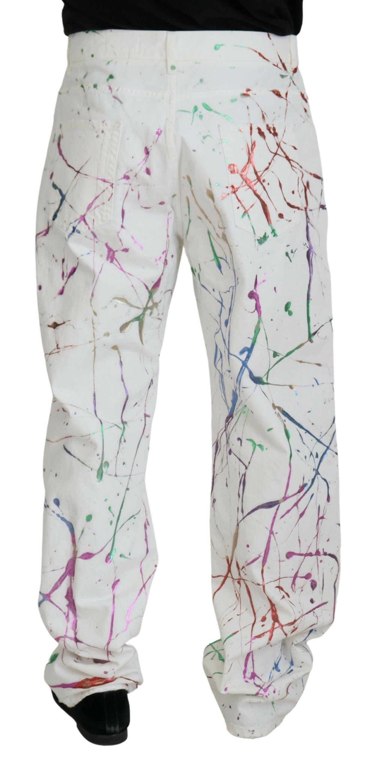 Dolce & Gabbana White Cotton Color Splash Print Denim Pants -   -  Dolce & Gabbana. Dolce & Gabbana White Cotton Color Splash Print Denim Pants -   -  Dolce & Gabbana.