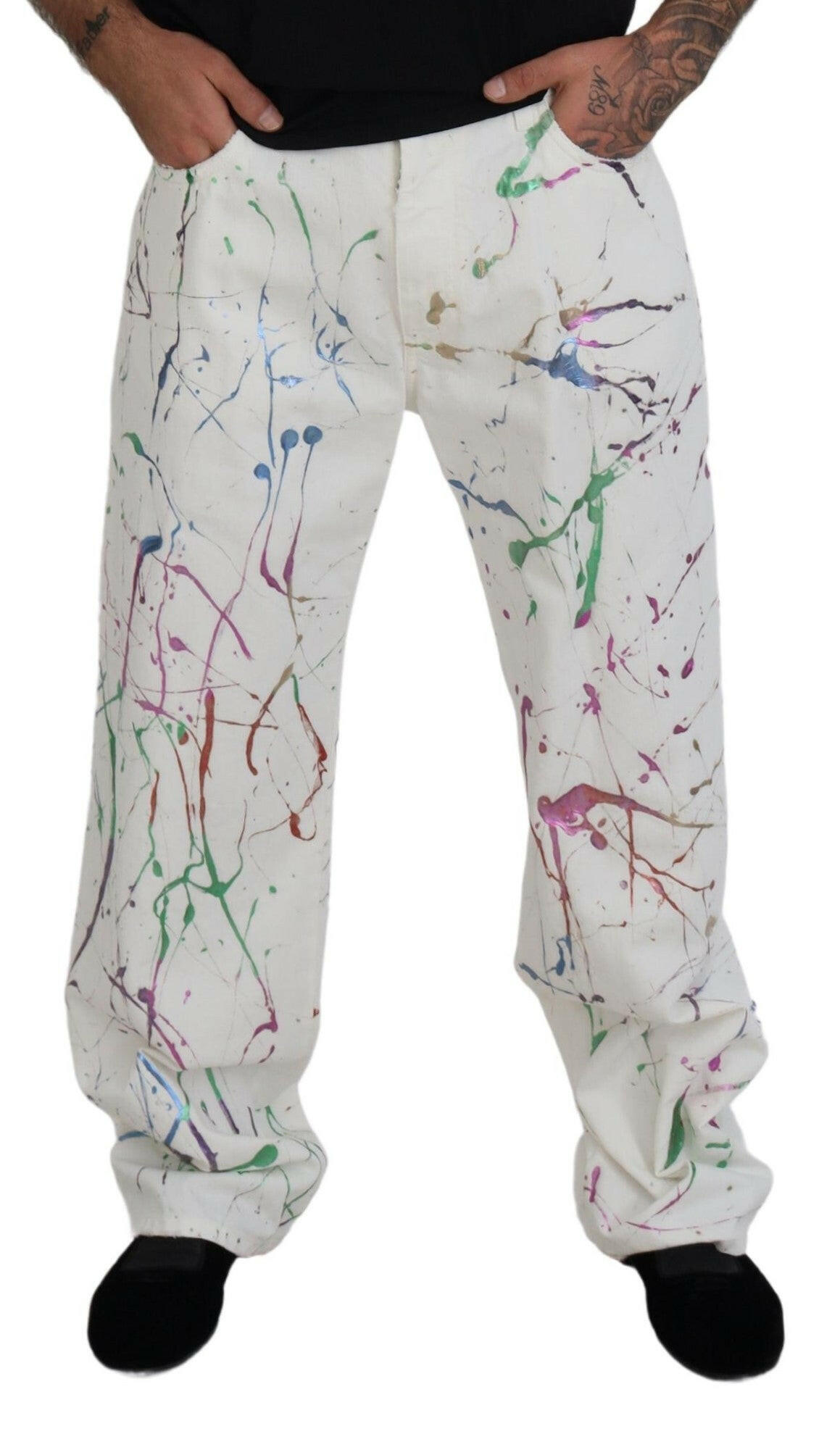 Dolce & Gabbana White Cotton Color Splash Print Denim Pants -   -  Dolce & Gabbana. Dolce & Gabbana White Cotton Color Splash Print Denim Pants -   -  Dolce & Gabbana.