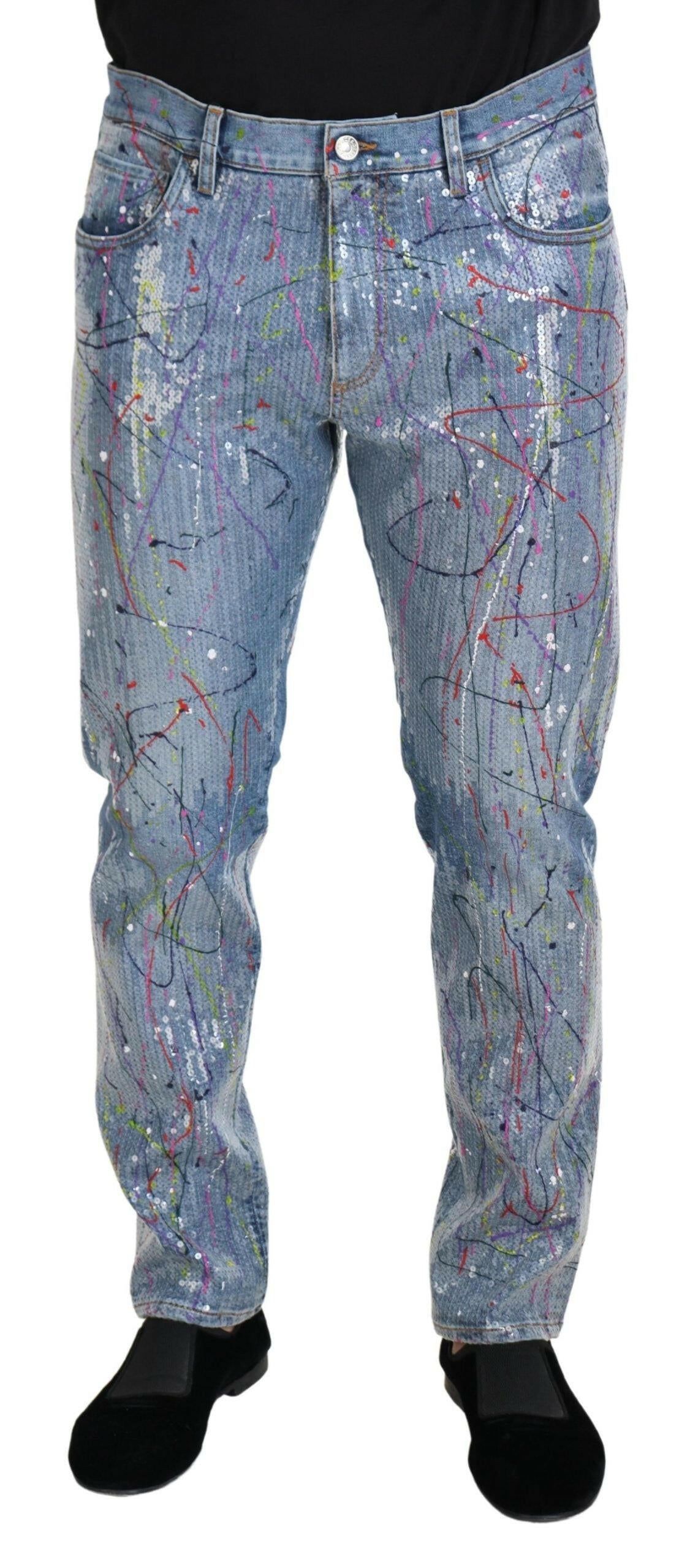 Dolce & Gabbana Blue Cotton Color Splash Print Denim Jeans -   -  Dolce & Gabbana.