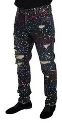 Dolce & Gabbana Black Multicolor Print Tattered Denim Jeans -   -  Dolce & Gabbana.
