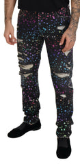 Dolce & Gabbana Black Multicolor Print Tattered Denim Jeans -   -  Dolce & Gabbana.