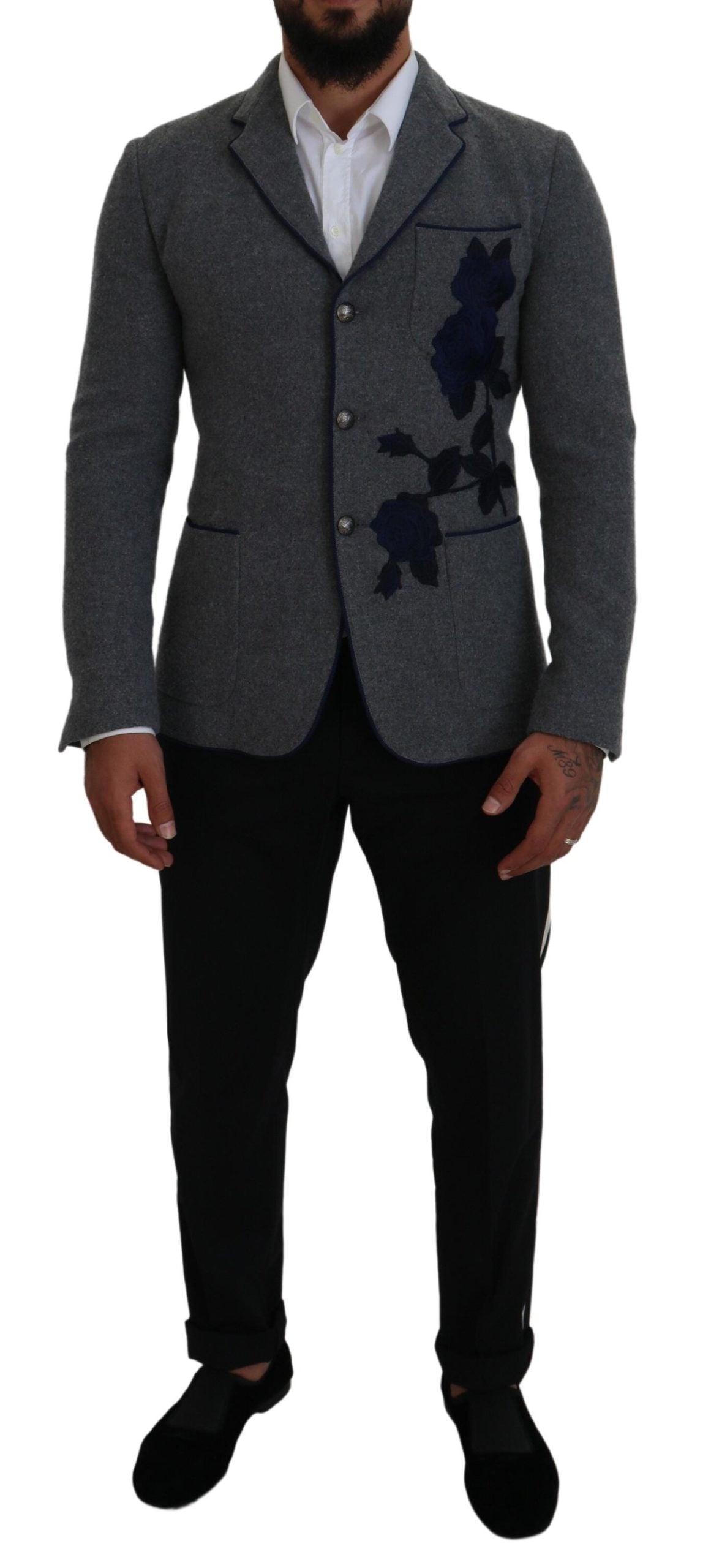 Dolce & Gabbana Gray Wool Roses Slim Fit Jacket Blazer -   -  Dolce & Gabbana.