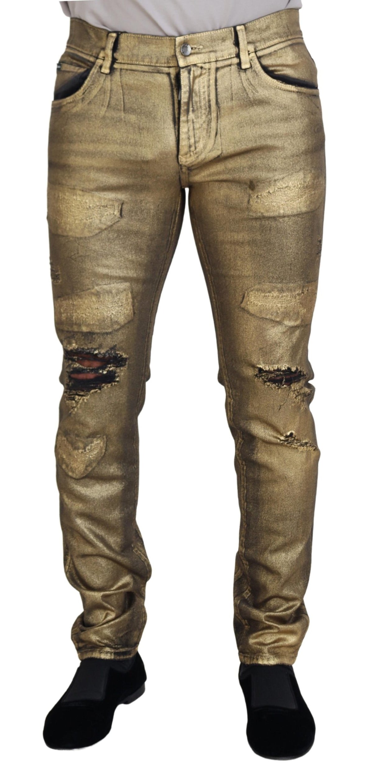 Dolce & Gabbana Gold Cotton Tattered Skinny Men Denim Jeans -   -  Dolce & Gabbana.