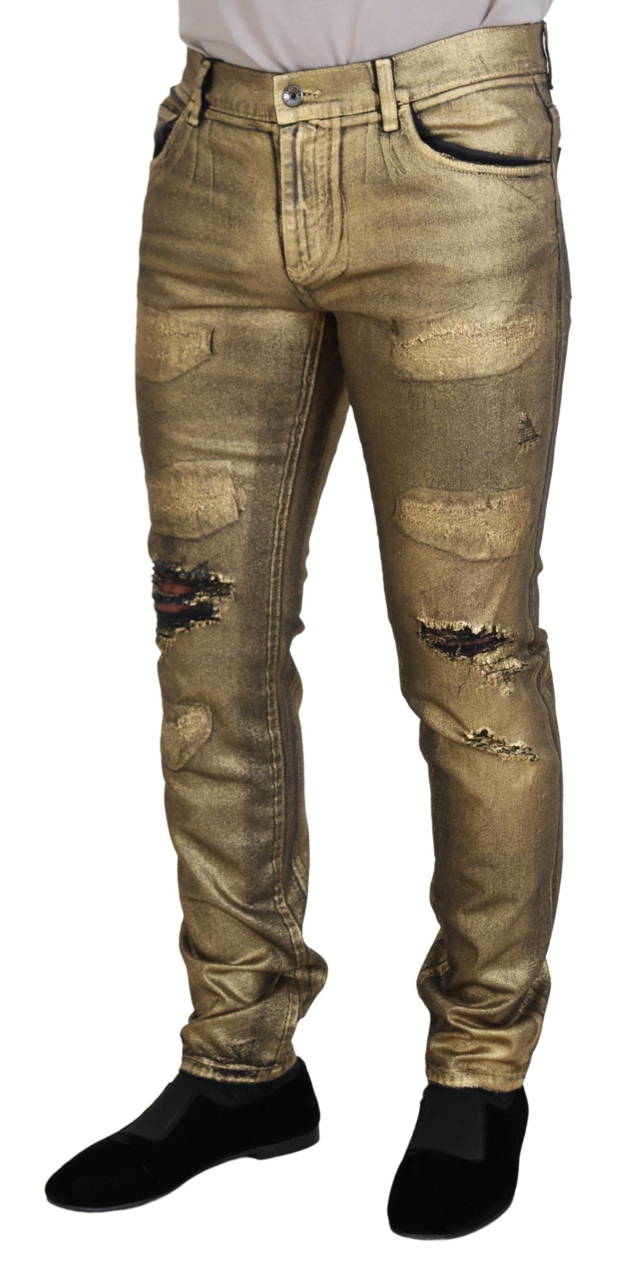 Dolce & Gabbana Gold Cotton Tattered Skinny Men Denim Jeans -   -  Dolce & Gabbana. Dolce & Gabbana Gold Cotton Tattered Skinny Men Denim Jeans -   -  Dolce & Gabbana.