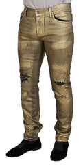 Dolce & Gabbana Gold Cotton Tattered Skinny Men Denim Jeans -   -  Dolce & Gabbana.