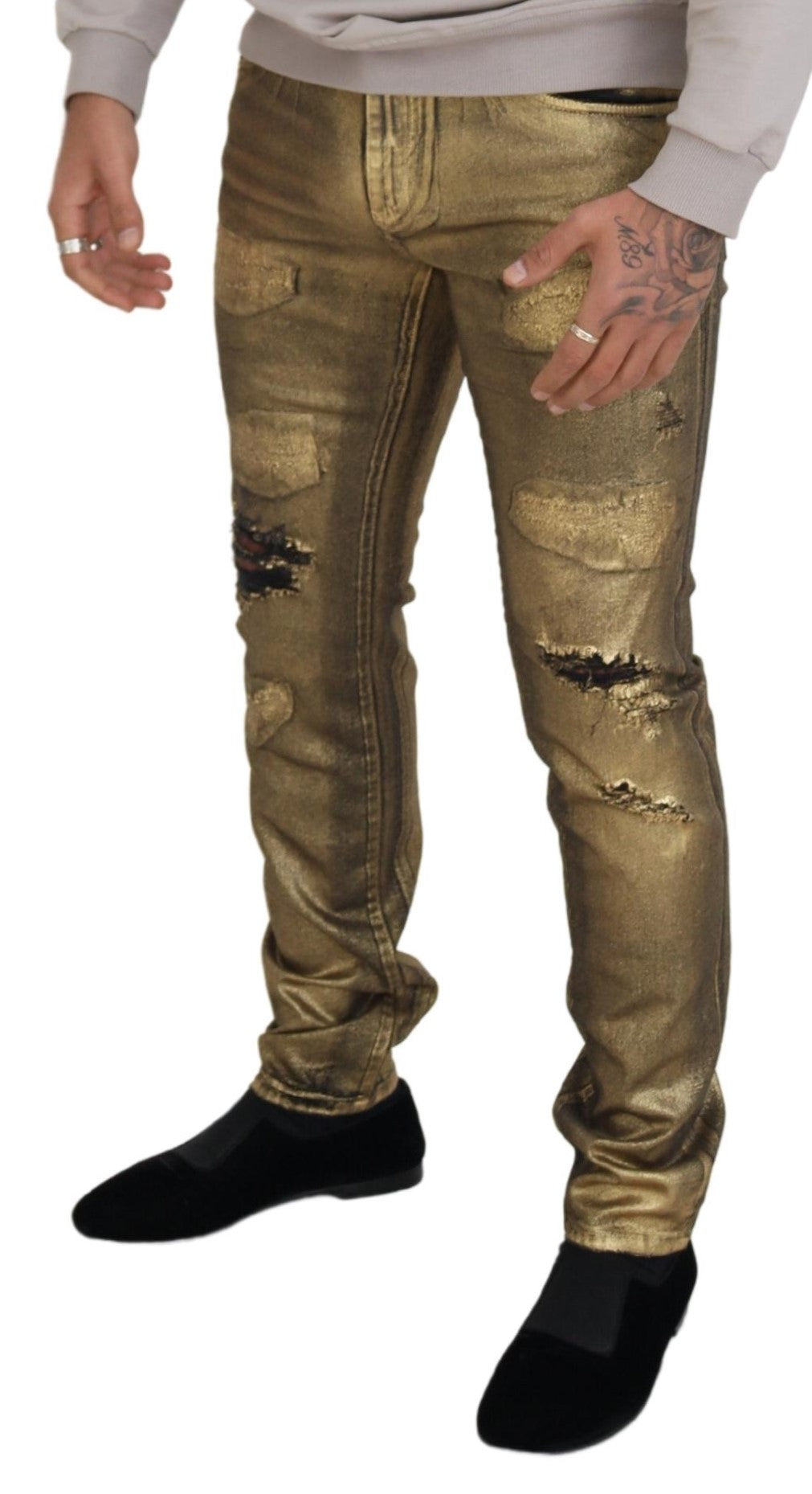 Dolce & Gabbana Gold Cotton Tattered Skinny Men Denim Jeans -   -  Dolce & Gabbana. Dolce & Gabbana Gold Cotton Tattered Skinny Men Denim Jeans -   -  Dolce & Gabbana.