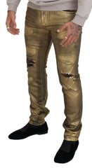 Dolce & Gabbana Gold Cotton Tattered Skinny Men Denim Jeans -   -  Dolce & Gabbana.