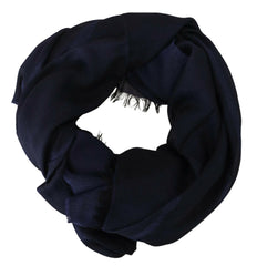 GF Ferre Dark Blue Wool Neck Wrap Shawl Fringes Scarf - - GF Ferre.