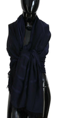 GF Ferre Dark Blue Wool Neck Wrap Shawl Fringes Scarf - - GF Ferre.