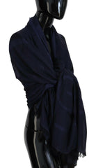 GF Ferre Dark Blue Wool Neck Wrap Shawl Fringes Scarf - - GF Ferre.