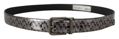 Dolce & Gabbana Gray Herringbone Leather Gray 3D Metal Buckle Belt - - Dolce & Gabbana.