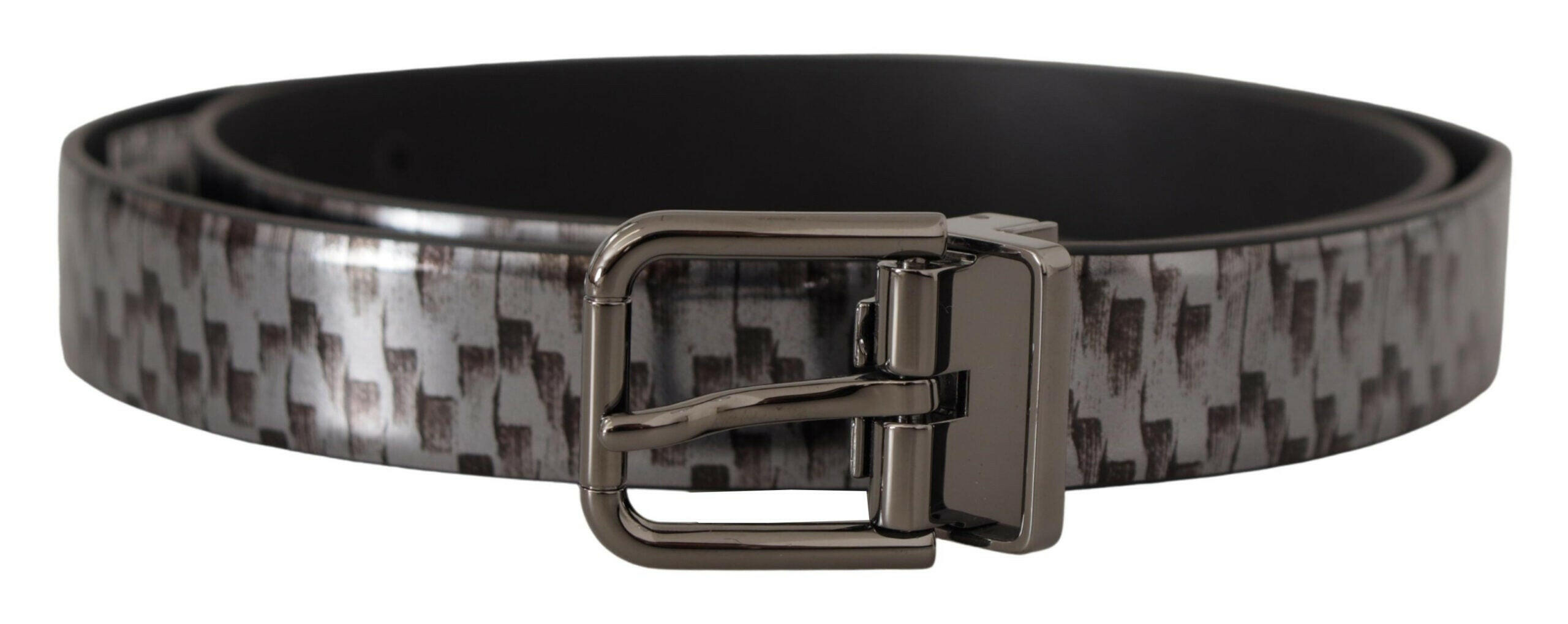 Dolce & Gabbana Gray Herringbone Leather Gray 3D Metal Buckle Belt - - Dolce & Gabbana.