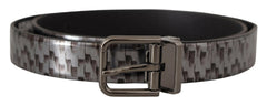 Dolce & Gabbana Gray Herringbone Leather Gray 3D Metal Buckle Belt - - Dolce & Gabbana.