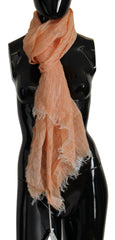 Malo Peach Linen Knitted Shawl Wrap Fringes Scarf -   -  Malo.