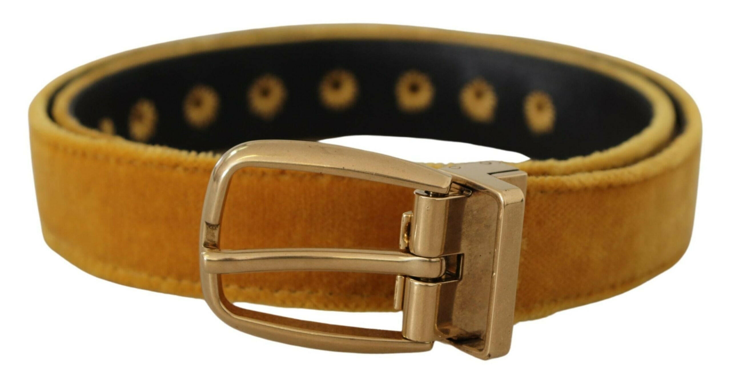 Dolce & Gabbana Mustard Velvet Gold Logo Engraved Metal Buckle Belt -   -  Dolce & Gabbana.