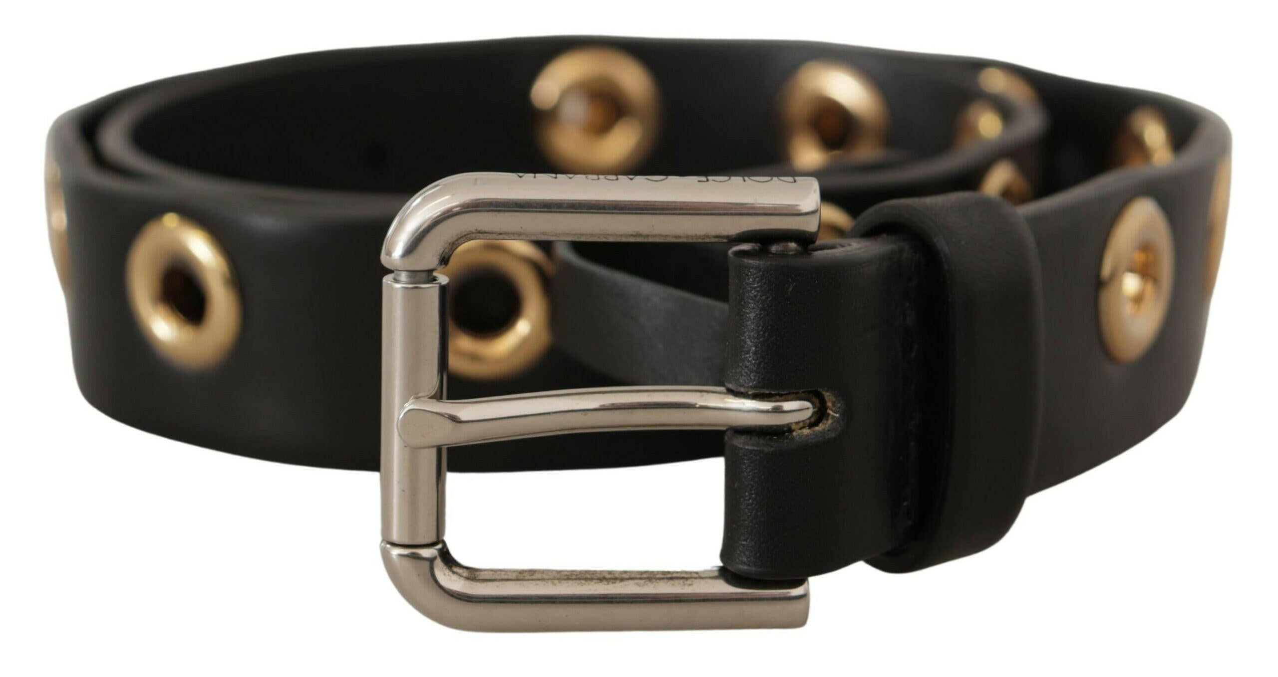 Dolce & Gabbana Black Leather Eyelet Silver Tone Metal Buckle Belt -   -  Dolce & Gabbana.