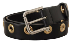 Dolce & Gabbana Black Leather Eyelet Silver Tone Metal Buckle Belt -   -  Dolce & Gabbana.