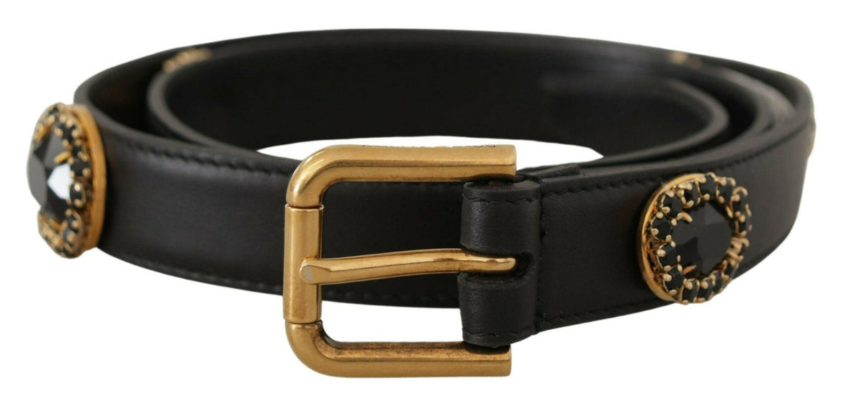 Dolce & Gabbana Black Leather Embellished Crystal Logo Belt -   -  Dolce & Gabbana.
