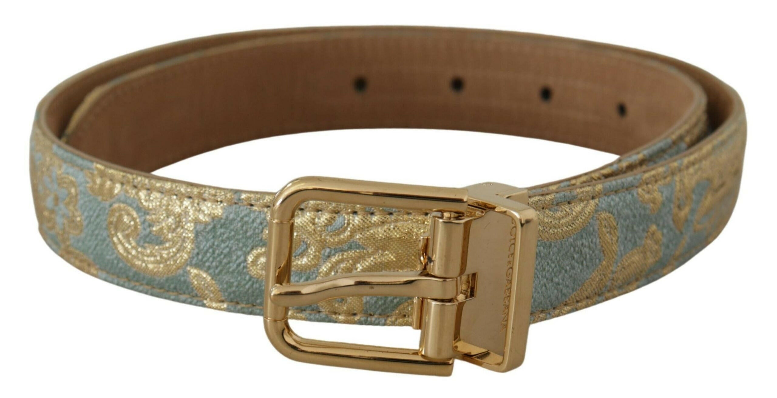 Dolce & Gabbana Blue Leather Jacquard Embossed Gold Metal Buckle Belt -   -  Dolce & Gabbana.