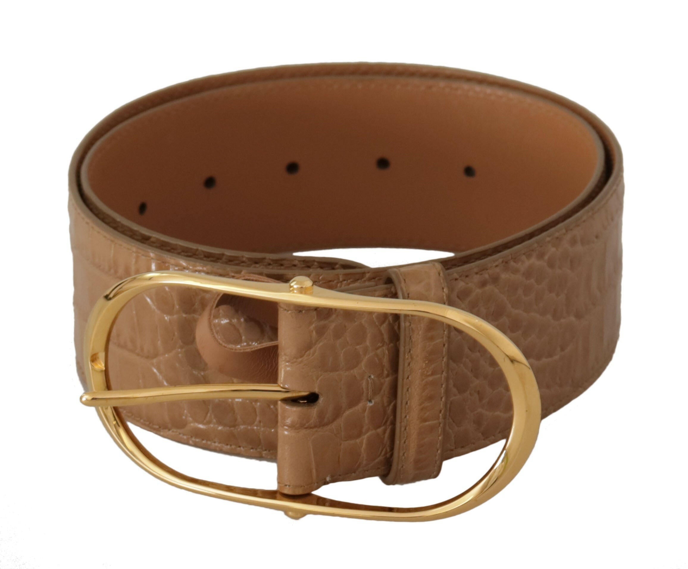 Dolce & Gabbana Brown Beige Leather Gold Metal Oval Buckle Belt -   -  Dolce & Gabbana.