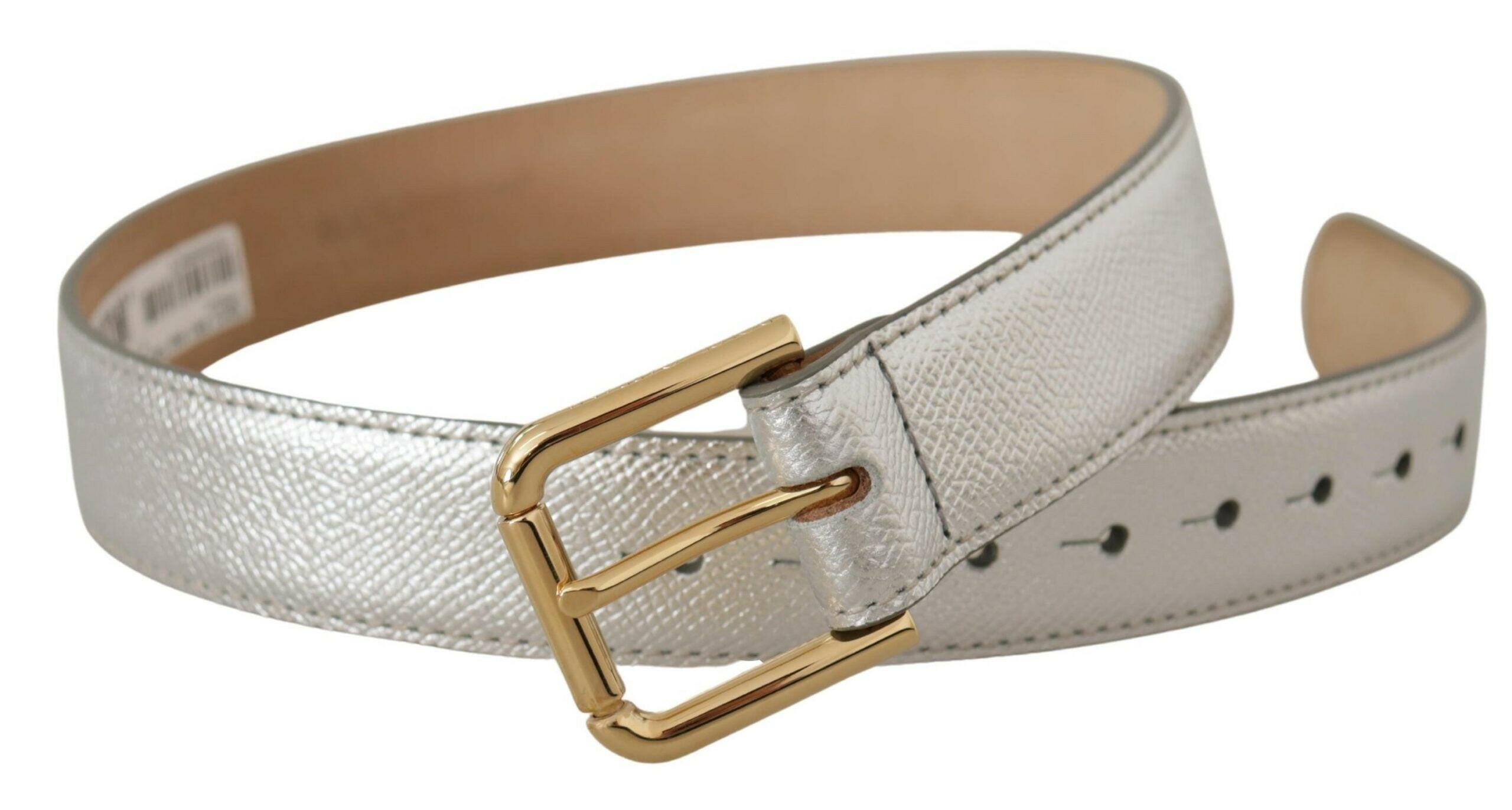 Dolce & Gabbana Silver Leather Gold Tone Logo Metal Waist Buckle Belt -   -  Dolce & Gabbana. Dolce & Gabbana Silver Leather Gold Tone Logo Metal Waist Buckle Belt -   -  Dolce & Gabbana.