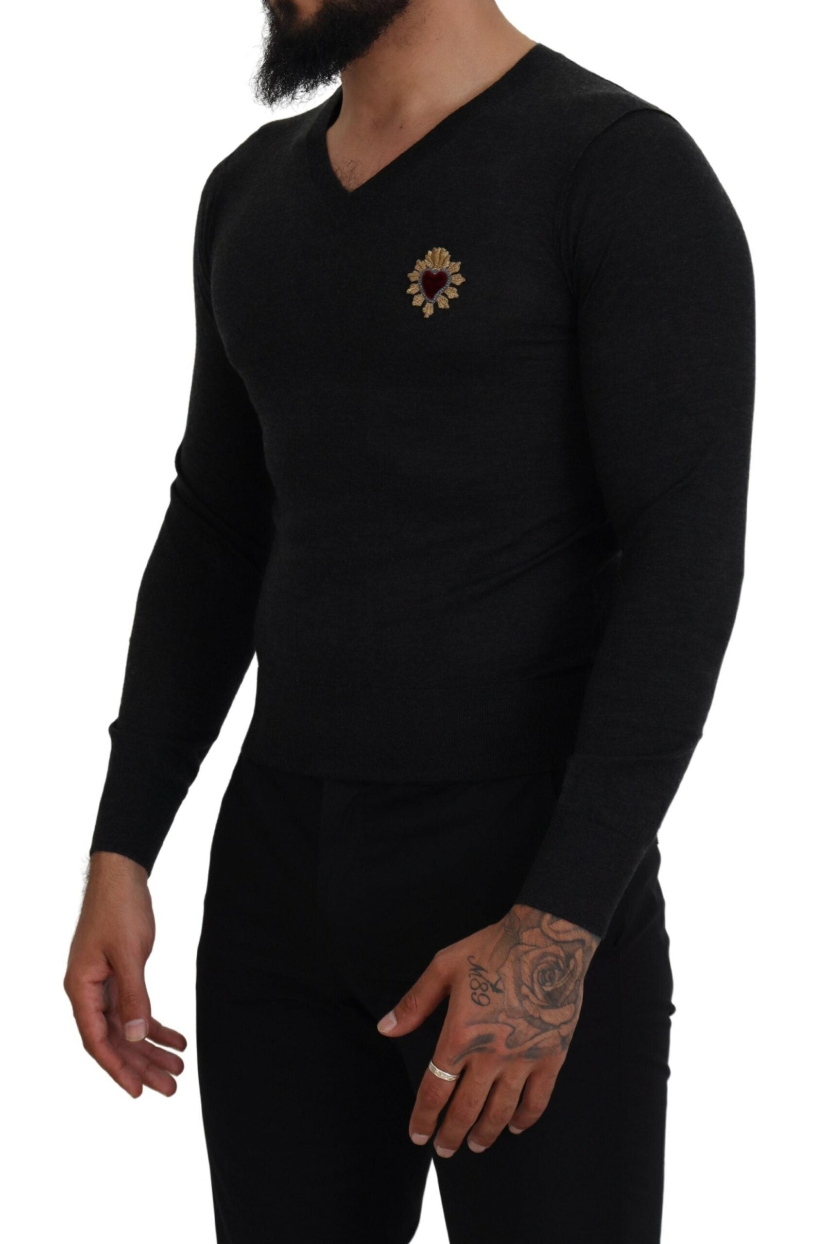 Dolce & Gabbana Gray Cashmere V-neck Gold Heart Sweater -   -  Dolce & Gabbana. Dolce & Gabbana Gray Cashmere V-neck Gold Heart Sweater -   -  Dolce & Gabbana.