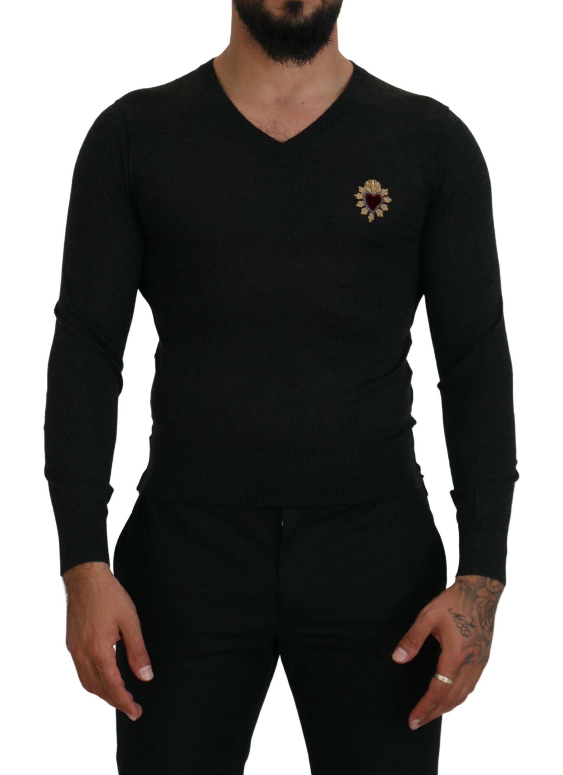 Dolce & Gabbana Gray Cashmere V-neck Gold Heart Sweater -   -  Dolce & Gabbana.