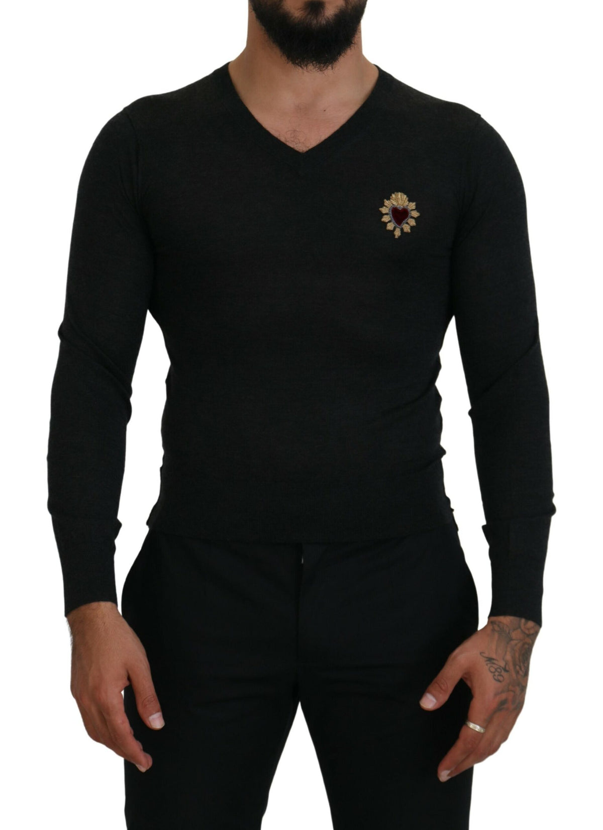 Dolce & Gabbana Gray Cashmere V-neck Gold Heart Sweater -   -  Dolce & Gabbana.