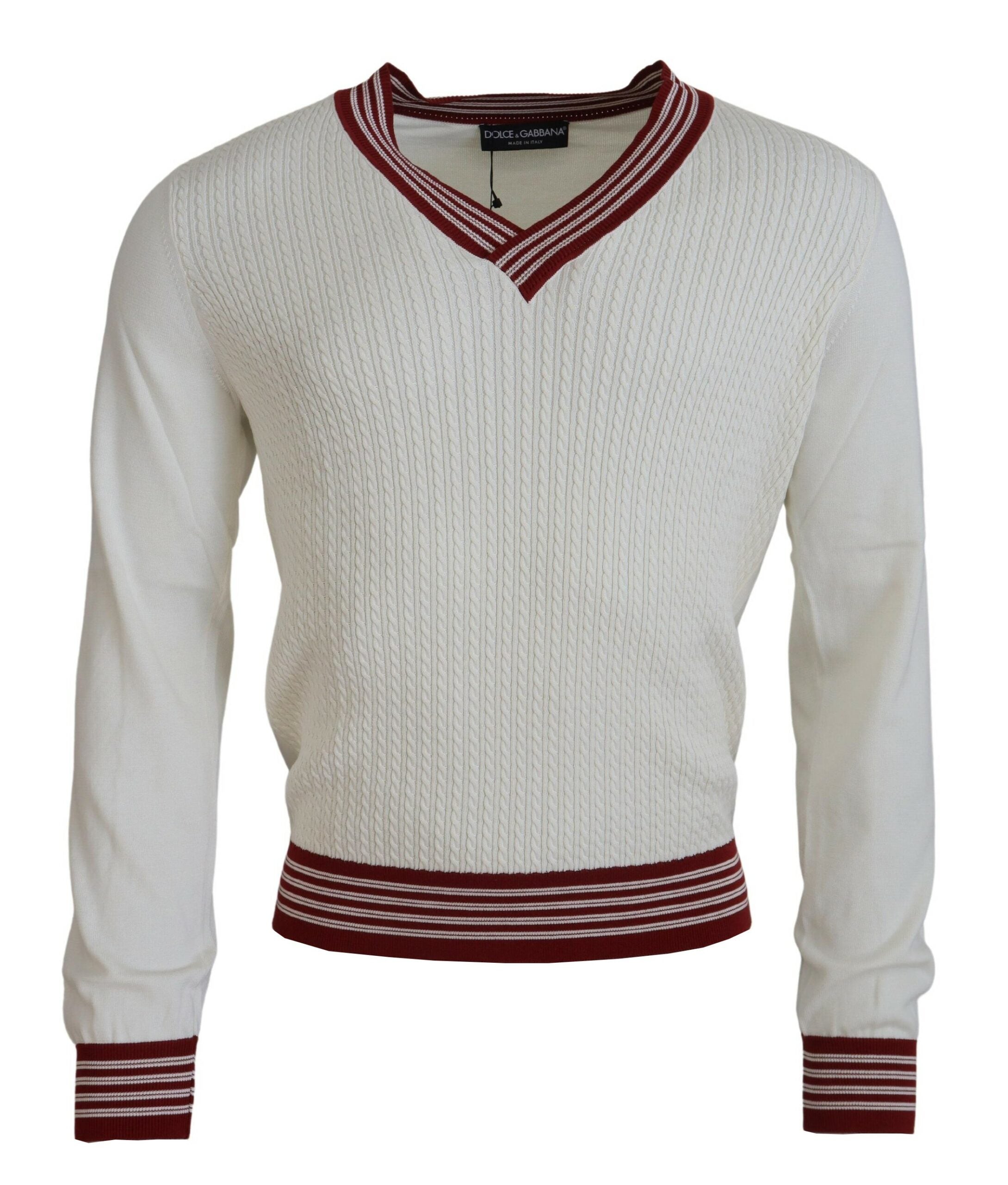 Dolce & Gabbana White Red Knitted V-neck Pullover Sweater -   -  Dolce & Gabbana.