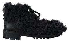 Dolce & Gabbana Black Leather Combat Shearling Boots Shoes -   -  Dolce & Gabbana.