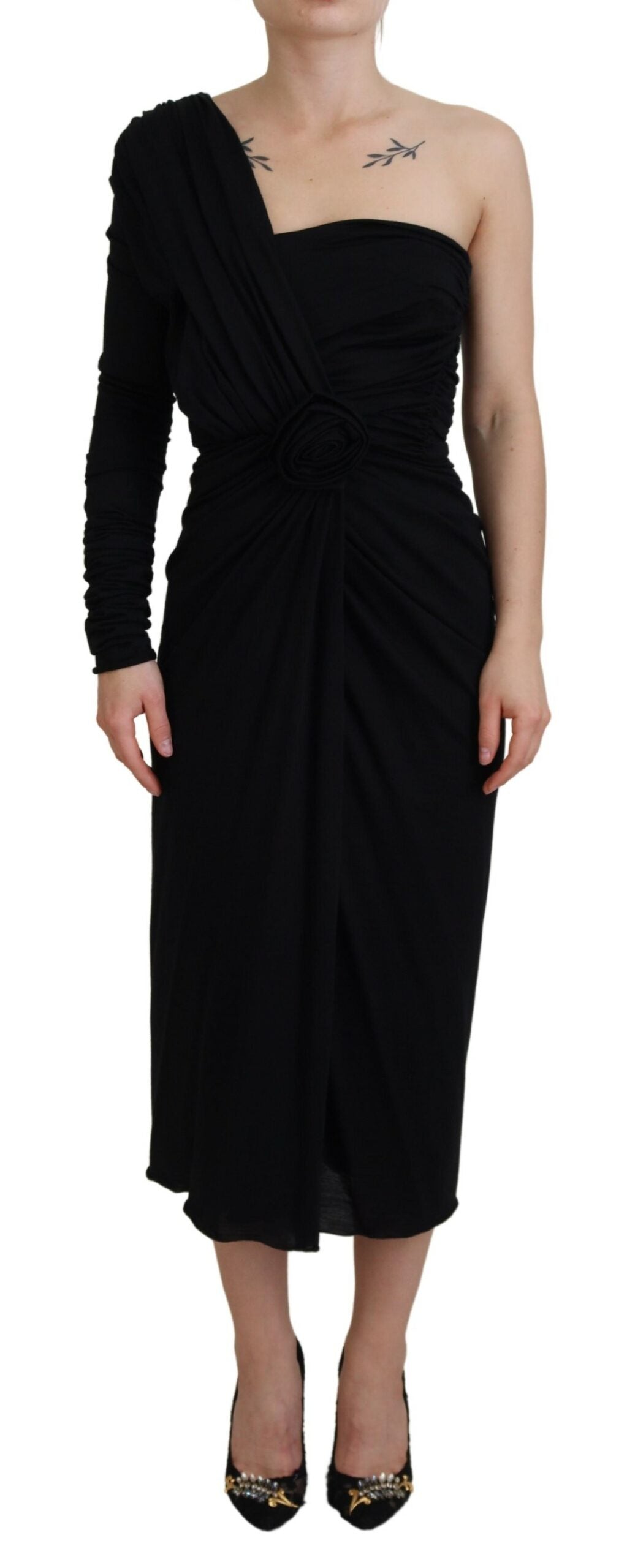 Dolce & Gabbana Black Wrap Sheath One Shoulder Wool Dress -   -  Dolce & Gabbana.