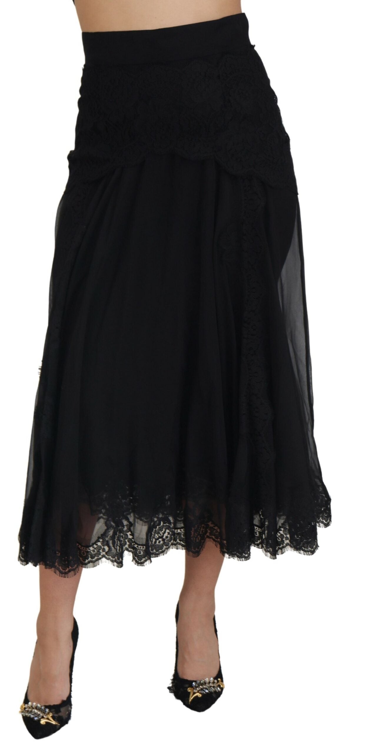Dolce & Gabbana Black Silk Lace Trim High Waist Midi Skirt -   -  Dolce & Gabbana.