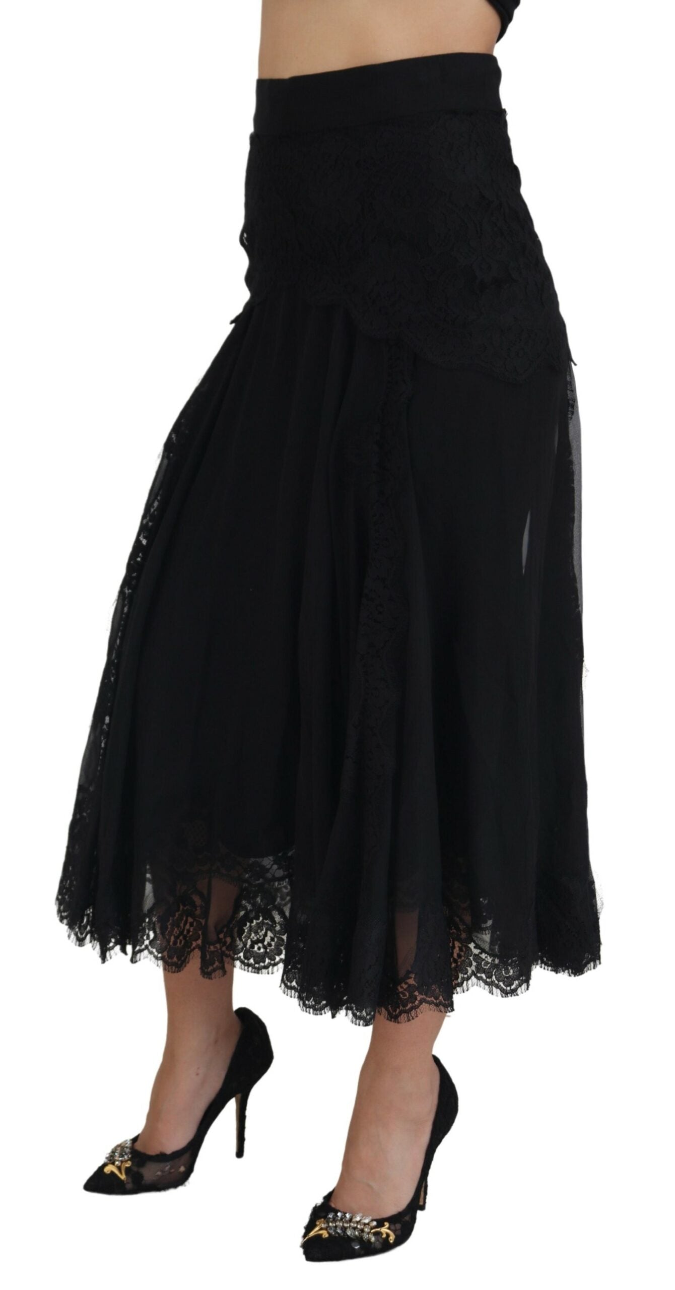 Dolce & Gabbana Black Silk Lace Trim High Waist Midi Skirt -   -  Dolce & Gabbana. Dolce & Gabbana Black Silk Lace Trim High Waist Midi Skirt -   -  Dolce & Gabbana.