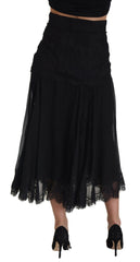 Dolce & Gabbana Black Silk Lace Trim High Waist Midi Skirt -   -  Dolce & Gabbana.