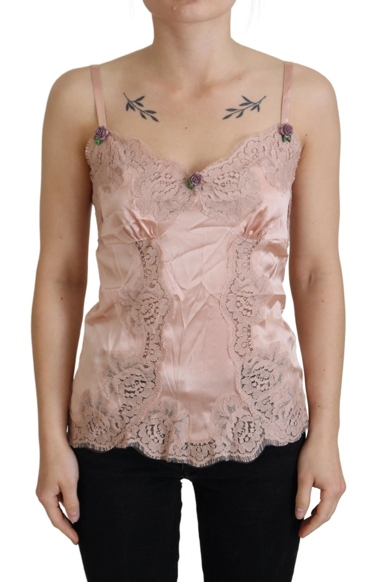 Dolce & Gabbana Pink Satin Lace Roses Tank Top Lingerie -   -  Dolce & Gabbana.