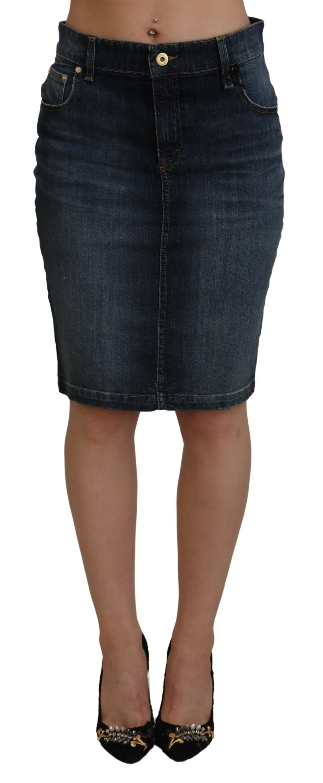 Fiorucci Dark Blue Washed Mid Waist Pencil Cut Denim Skirt -   -  Fiorucci.