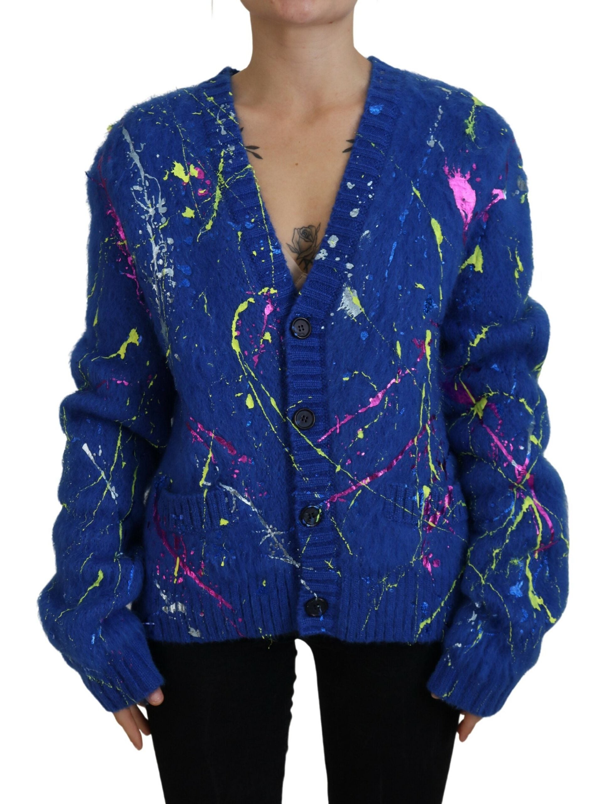 Dolce & Gabbana Blue Color Splash Mohair Cardigan  Sweater -   -  Dolce & Gabbana.