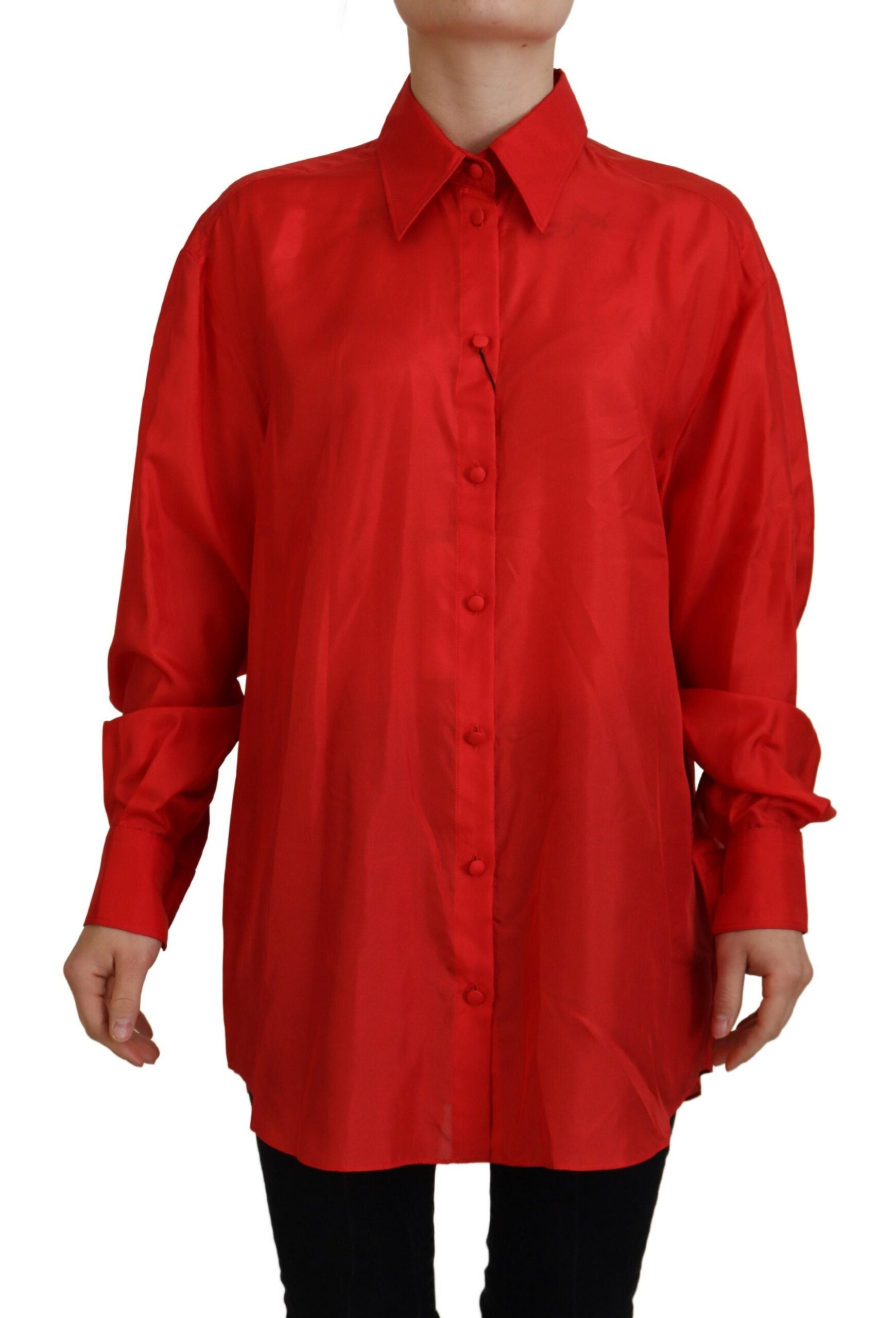 Dolce & Gabbana Red Silk Collared Long Sleeves Dress Shirt Top -   -  Dolce & Gabbana.