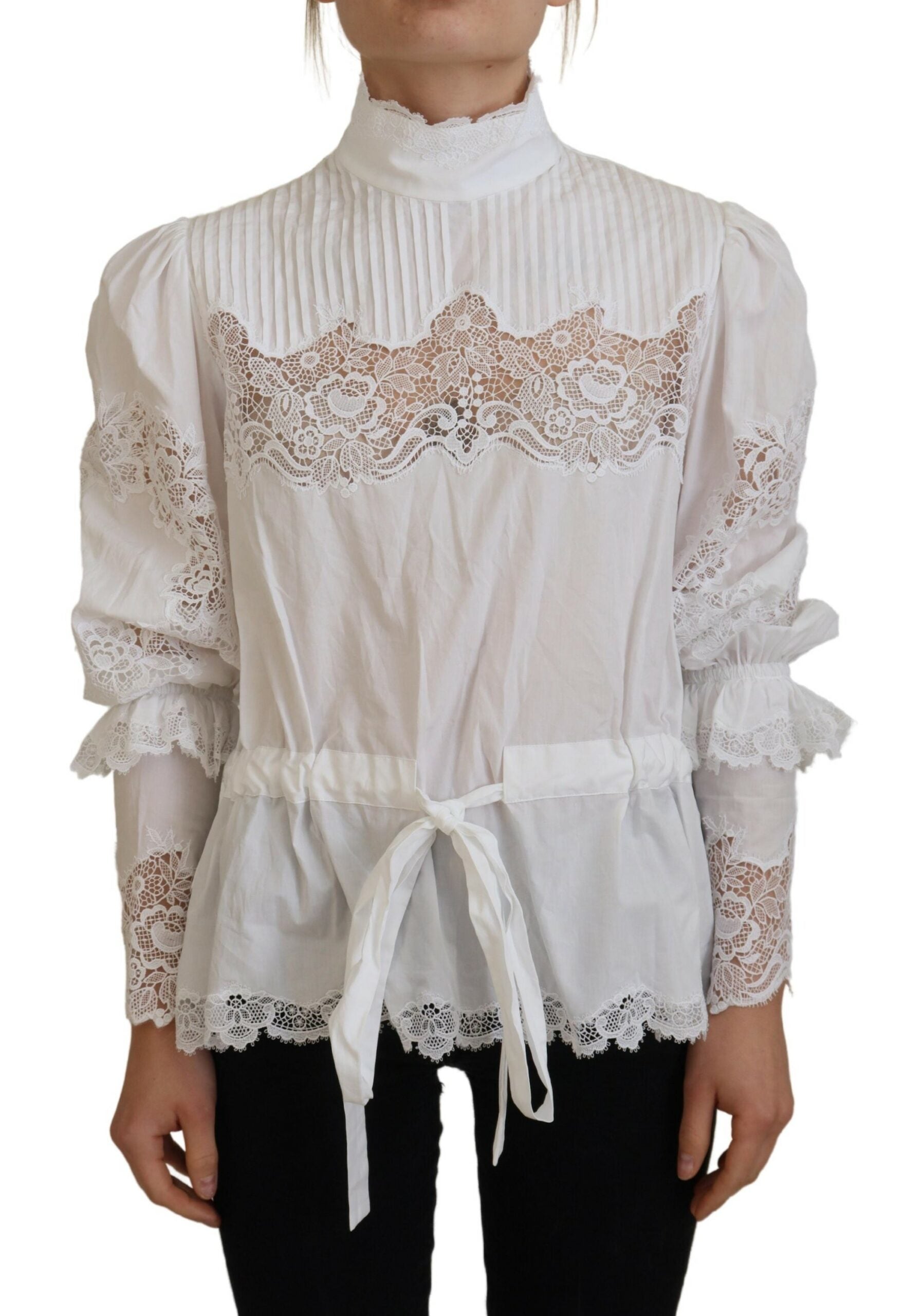 Dolce & Gabbana White Cotton Lace Trim Turtle Neck Blouse Top -   -  Dolce & Gabbana.