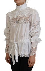 Dolce & Gabbana White Cotton Lace Trim Turtle Neck Blouse Top -   -  Dolce & Gabbana.