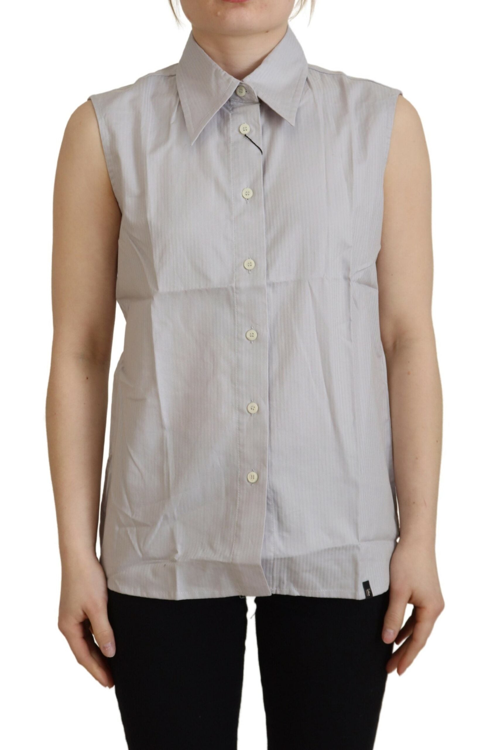 Ferre Light Gray Stripes Cotton Sleeveless Collared Top -   -  Ferre.