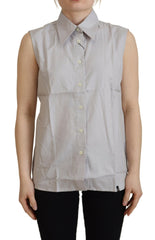 Ferre Light Gray Stripes Cotton Sleeveless Collared Top -   -  Ferre.