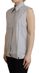 Ferre Light Gray Stripes Cotton Sleeveless Collared Top -   -  Ferre.