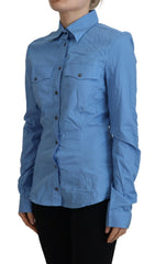 Ferre Blue Cotton Long Sleeves Collared Button Down Top -   -  Ferre.