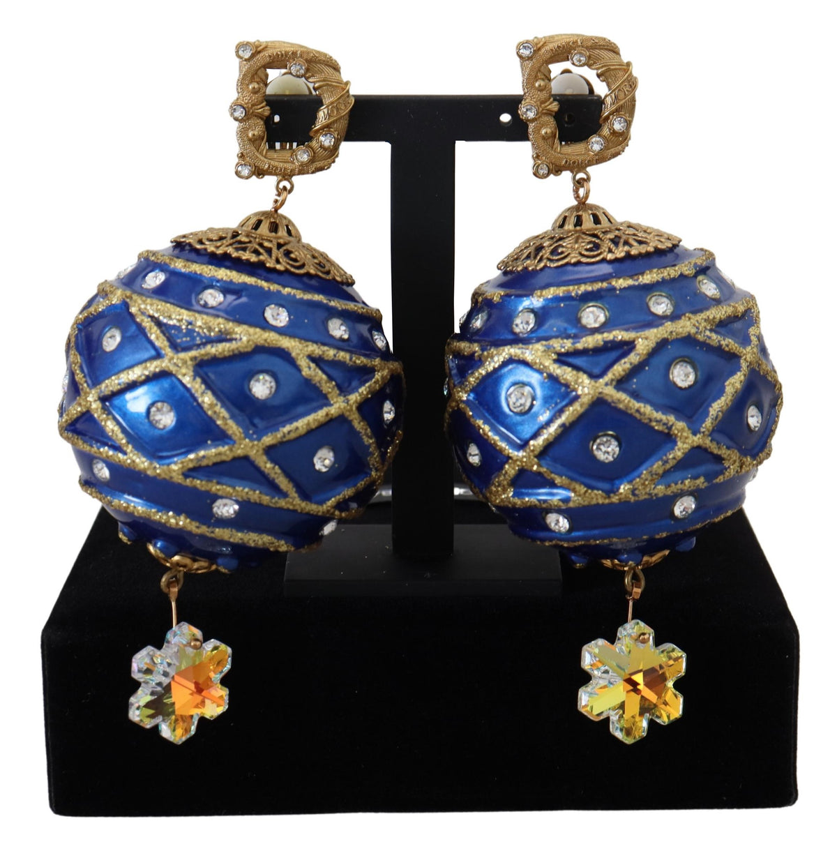 Dolce & Gabbana Gold Brass Blue Dangle Ball Crystal Clip On Earrings -   -  Dolce & Gabbana.