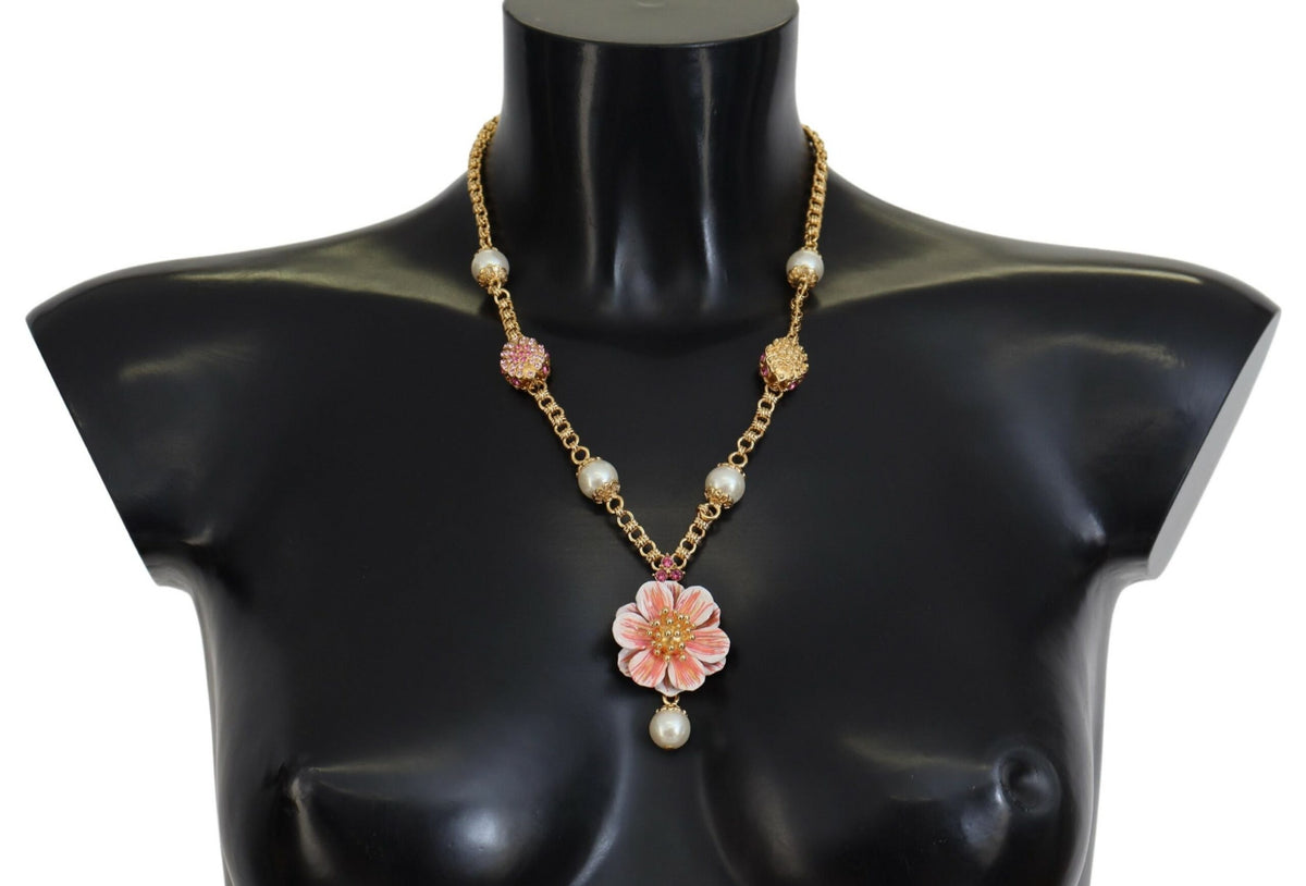 Dolce & Gabbana Gold Tone Floral Crystals Pink Embellished Necklace -   -  Dolce & Gabbana.