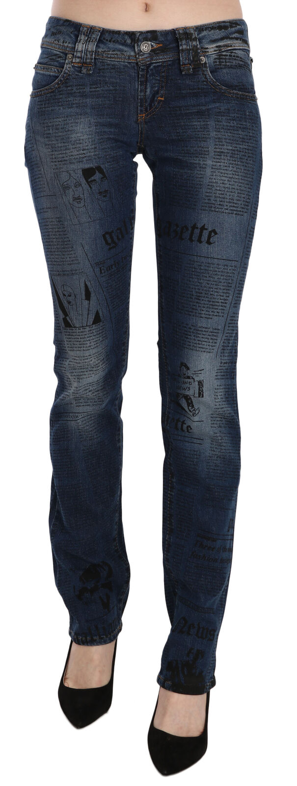 John Galliano Blue Newspaper Print Low Waist Skinny Denim Pants -   -  John Galliano.