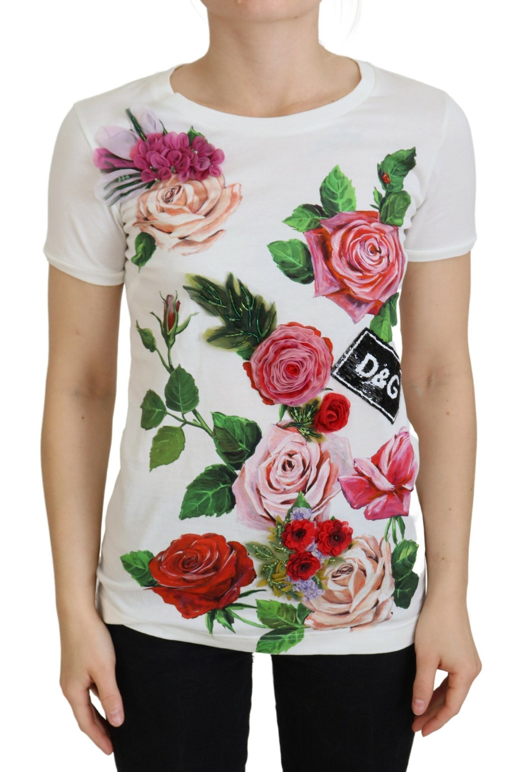 Dolce & Gabbana White Rose DGLogo Printed Short Sleeves Top -   -  Dolce & Gabbana.
